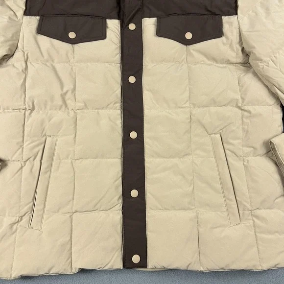 Lands' End Down Puffer Jacket Mens Large Tan Brown‎ 600 Fill Quilted Snap Front